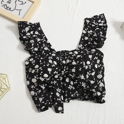 Bow Tie Lace-up Floral Print Camisole Tops For Women Black Print One Size