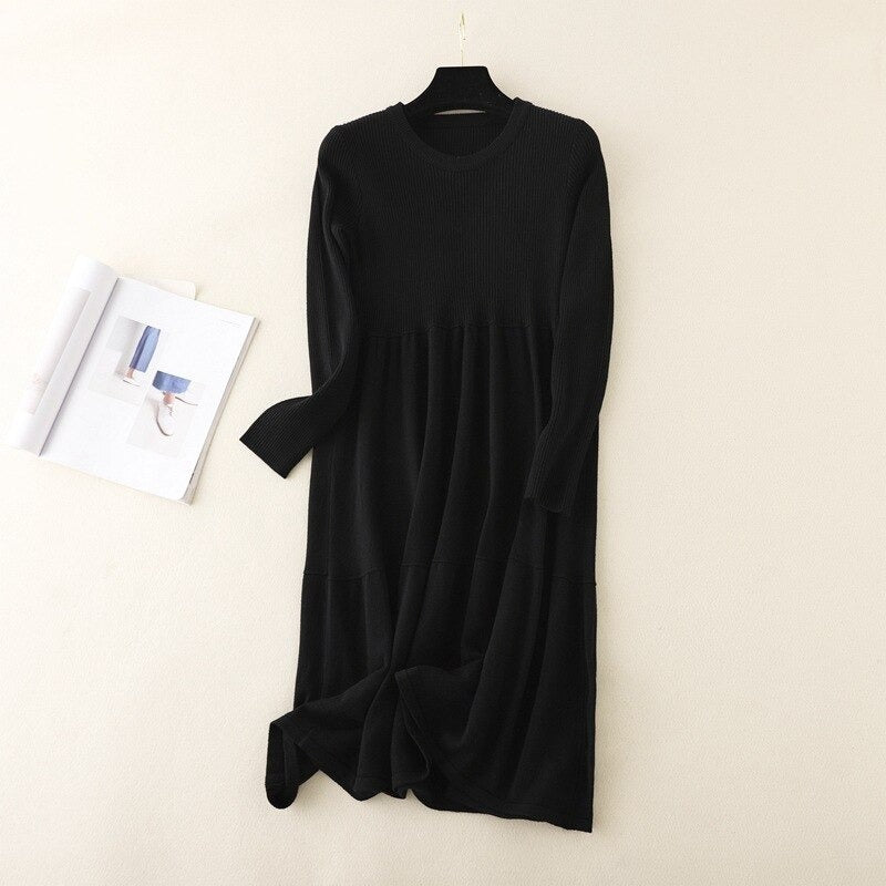 Loose A-Line Knitted Long Sweater Dress Black One Size