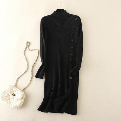 Mock Neck Side Slit Knitted Sweater Dress