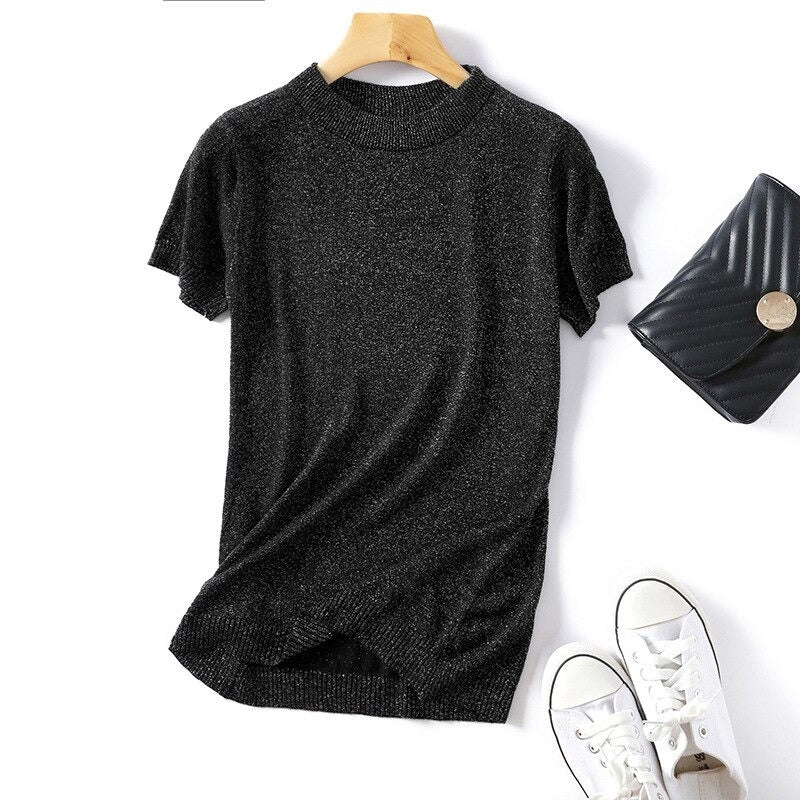 Shiny Knitted Slim O-Neck Sweater Shirt For Women Black One Size