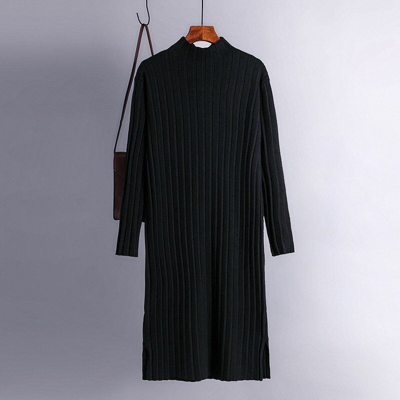 Women's Long Knitted Women Split Sweater Dress Black One Size