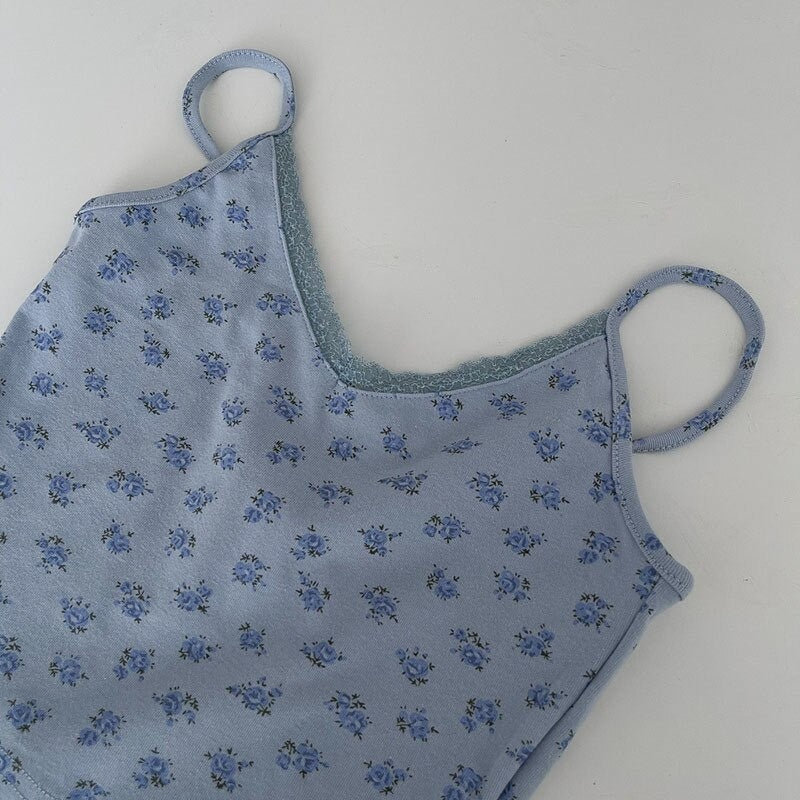 Vintage Camisole Short Tops For Women Blue-Print One Size