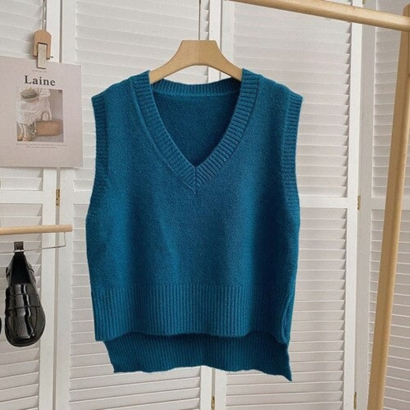 Loose Knitted V-Neck Sweater Vest For Women Blue One Size