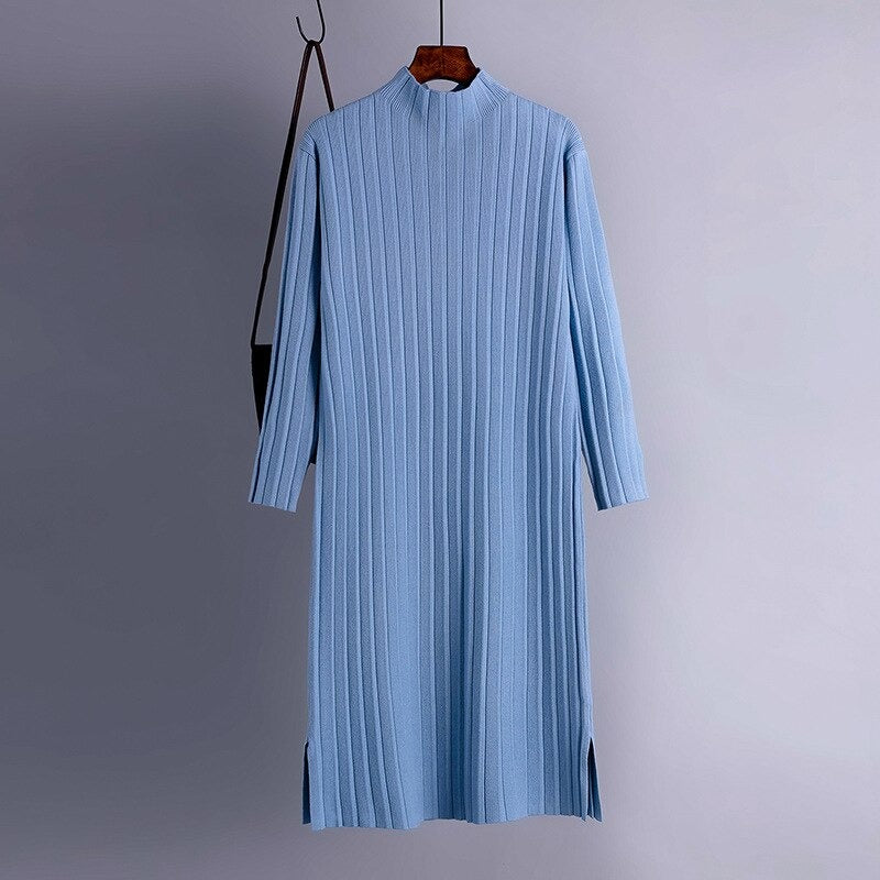 Women's Long Knitted Women Split Sweater Dress Blue One Size