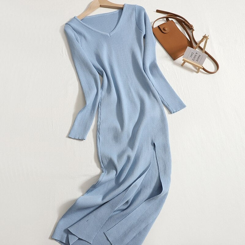 V-Neck Knitted Slim Long Sheath Knitted Dress Blue