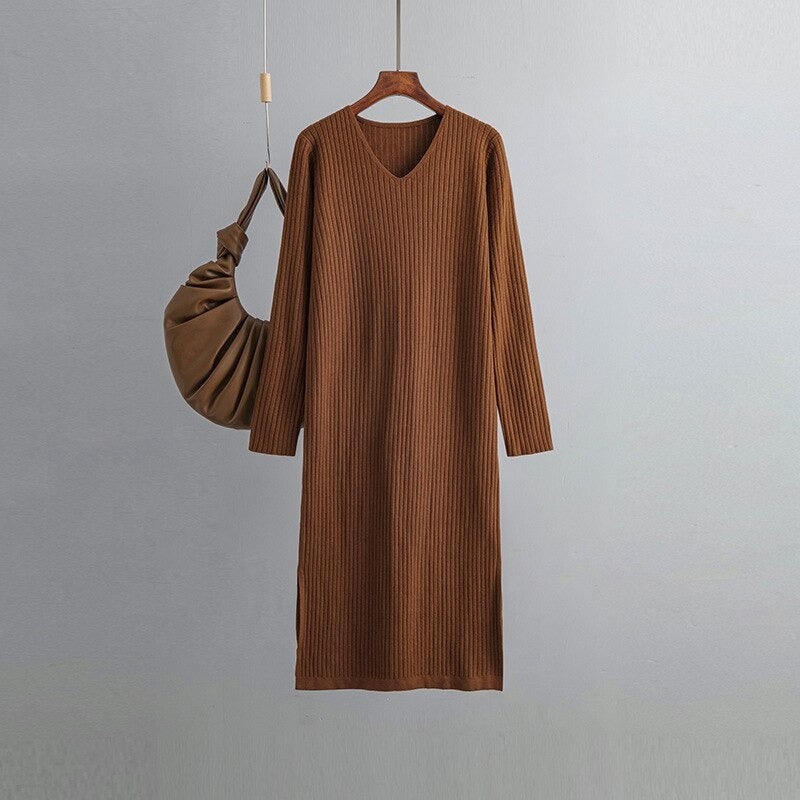 Long Sleeve Over Knee Sweater Dress For Women Brown One Size