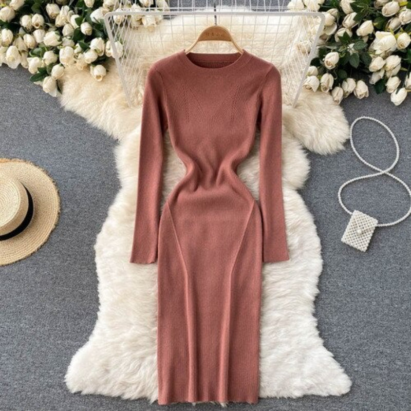 O-Neck Tight Stretch Knitted Slim Dress Brown One Size