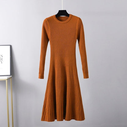 O-Neck Slim Long Knitted Maxi Sweater Dress One Size Brown