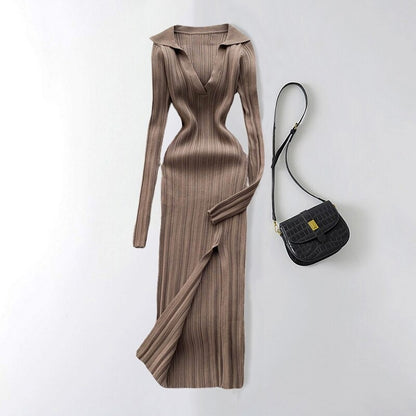 Slit Slim Knitted Square Neck Sheath Sweater Dress One Size Brown