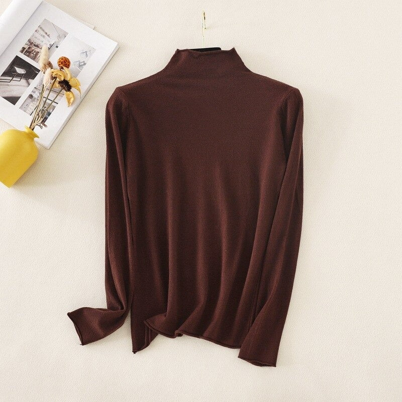 Mock Neck Basic Solid Long Sleeve Jumper For Women Brown One Size