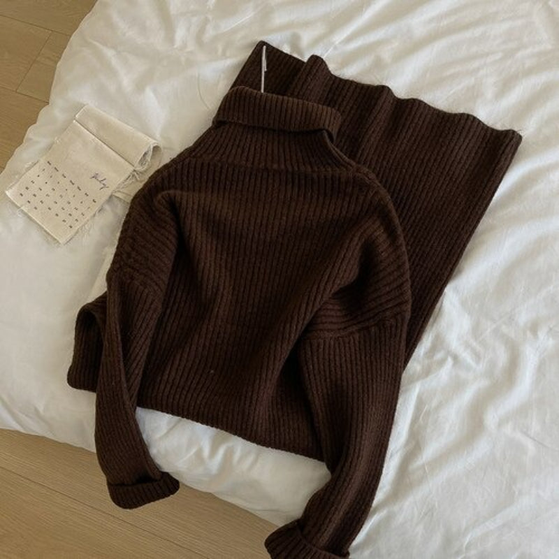 Turtleneck Long Knitted Casual Sweater Dress One Size Brown