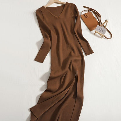 V-Neck Knitted Slim Long Sheath Knitted Dress Brown