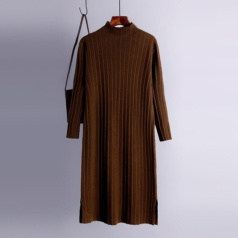 Women's Long Knitted Women Split Sweater Dress Dark Brown One Size