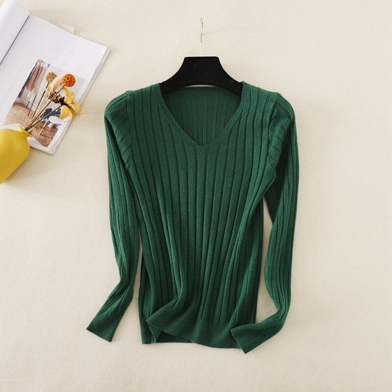 Basic V-Neck Solid Bodycon Knitted Sweater For Women