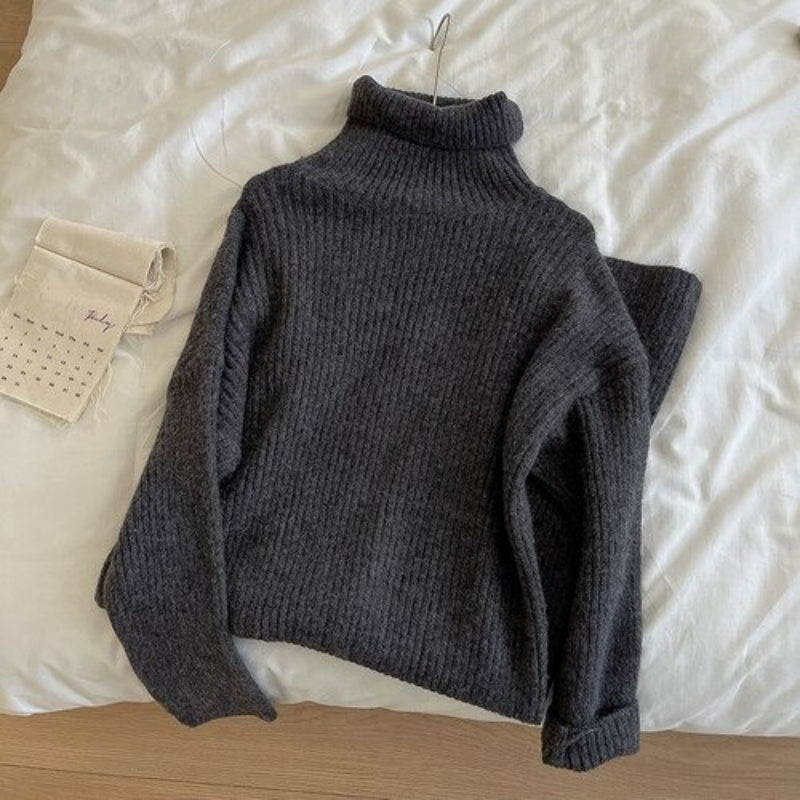 Turtleneck Long Knitted Casual Sweater Dress One Size Dark Gray