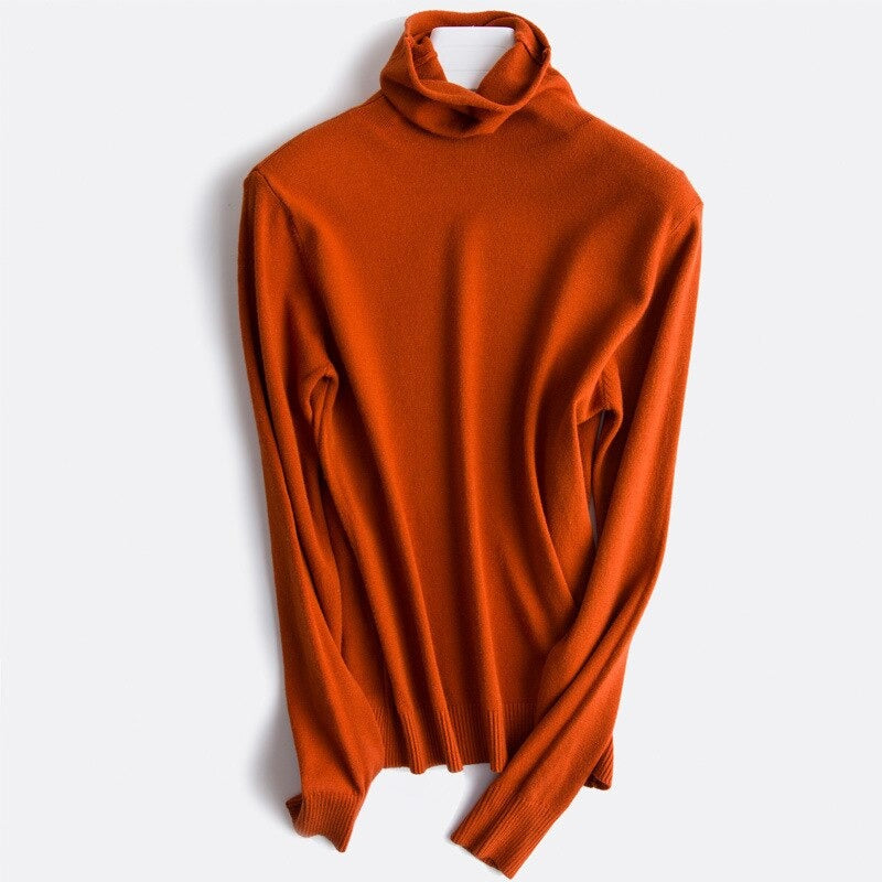 Soft Cashmere Slim-Fit Turtleneck Pullovers For Women Dark Orange One Size