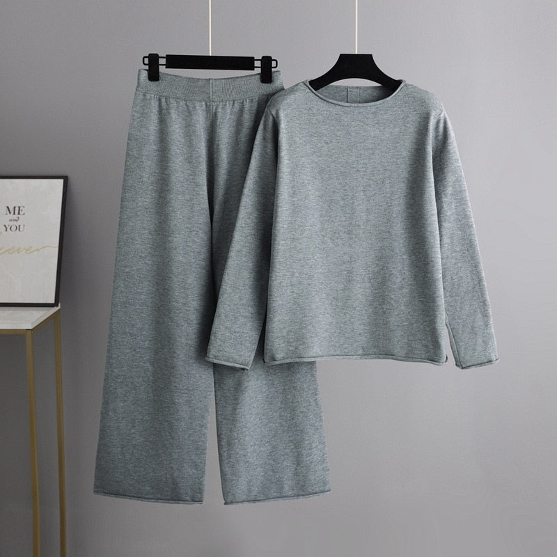 Solid Soft Knitted Wide-Leg Pants Set Grey One Size