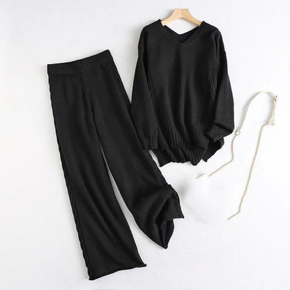 Winter Twist Knitted Wide Leg Pant Sets Black One Size