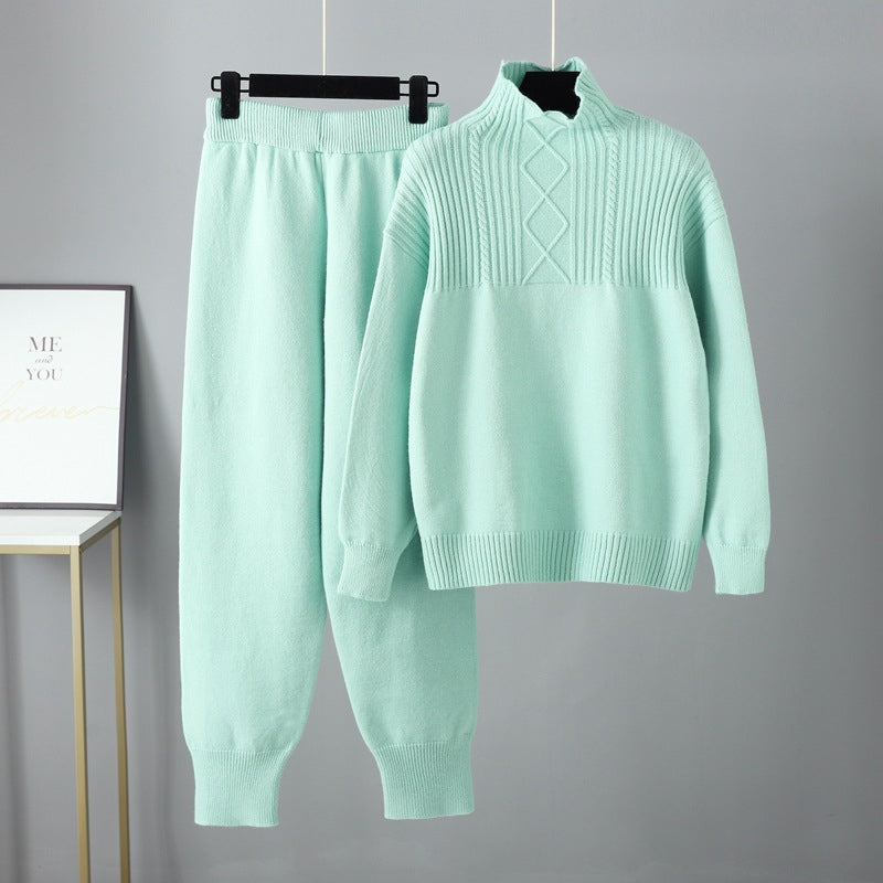 Oversized Two-Piece Knitted Thick Set Green One Size