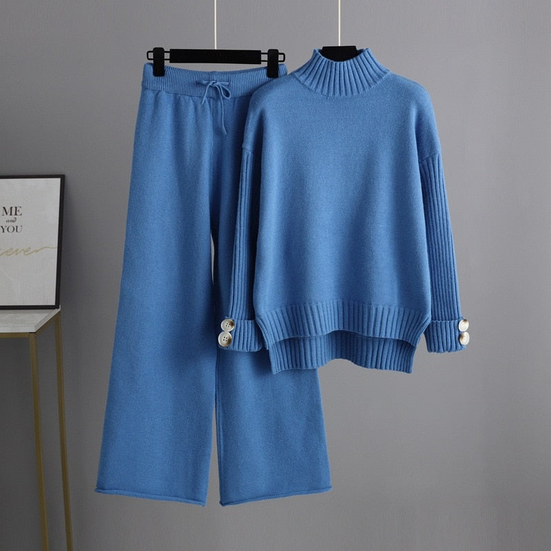 Women's Turtleneck Thickened Knitted Sweater Set Blue One Size