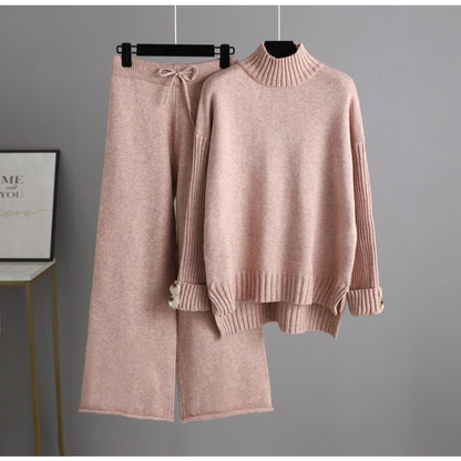 Women's Turtleneck Thickened Knitted Sweater Set Pink One Size