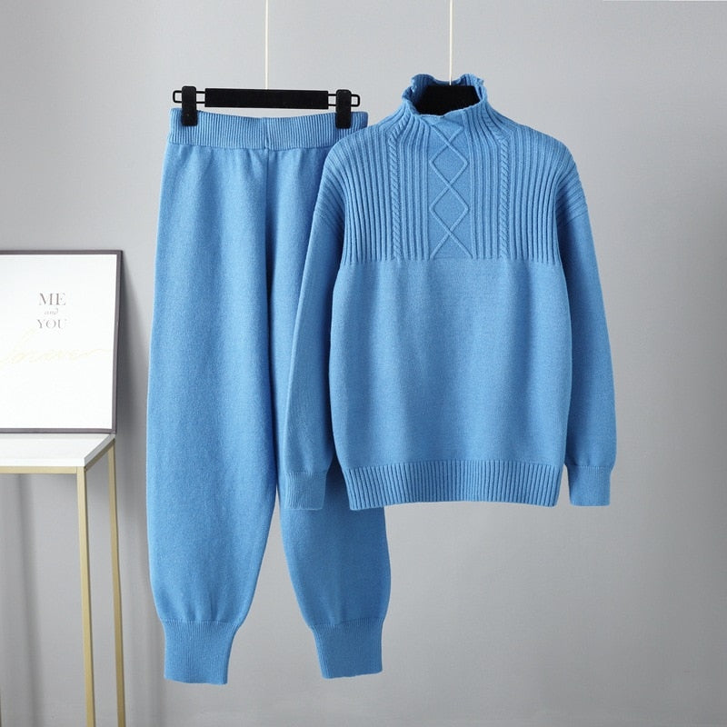 Oversized Two-Piece Knitted Thick Set Blue One Size