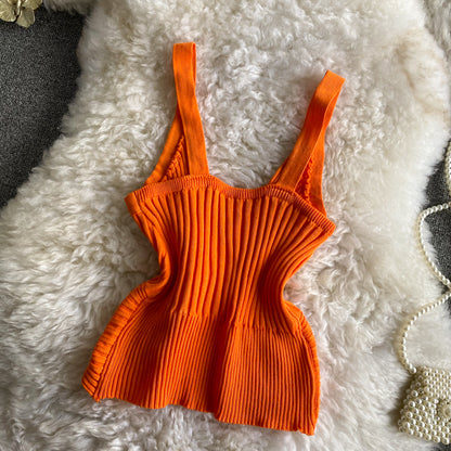 Retro Knitted Vest V-Neck Solid Camisole Orange One Size