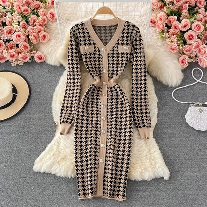 Elegant Plaid Houndstooth Knitted Dress For Women