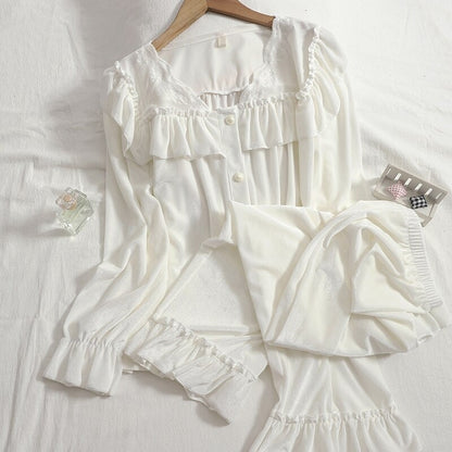 Loose Long-Sleeved Women's Ruffles Velvet Suit Set White One Size