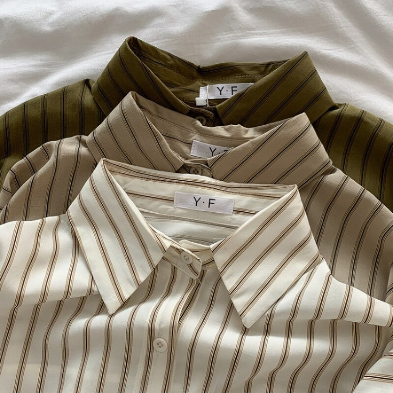 Korean Vertical Striped Long-Sleeved Shirt For Women