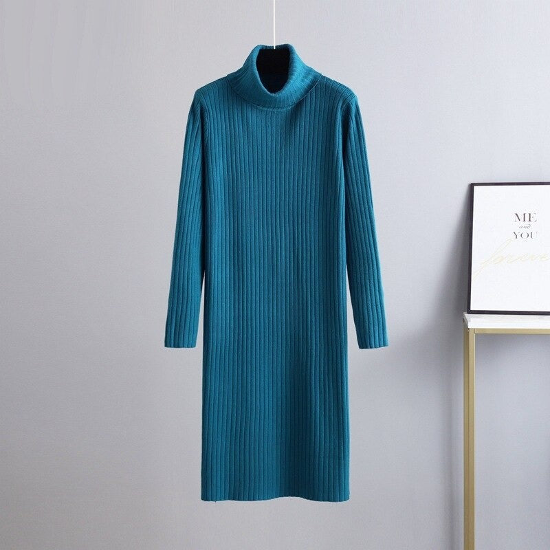 Warm Soft Thick Turtleneck Sweater Dress For Women Blue One Size