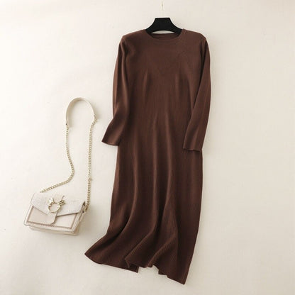 Elegant Knitted Warm Soft Long Sweater Dress Brown One Size