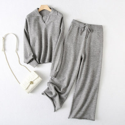 Casual Loose Warm Knitted Two Piece Women Sets Gray One Size