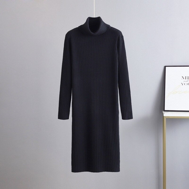 Warm Soft Thick Turtleneck Sweater Dress For Women Black One Size