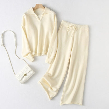 Casual Loose Warm Knitted Two Piece Women Sets White One Size