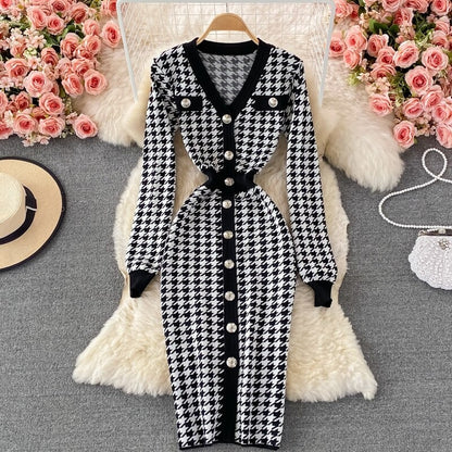 Elegant Plaid Houndstooth Knitted Dress For Women White One Size