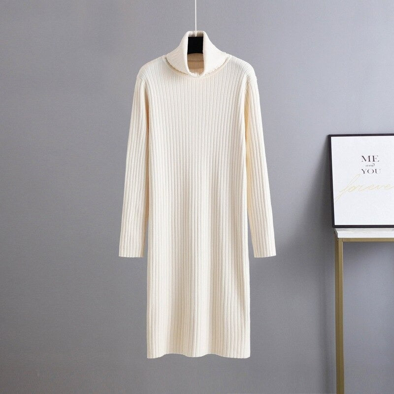 Warm Soft Thick Turtleneck Sweater Dress For Women White One Size