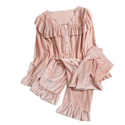 Loose Long-Sleeved Women's Ruffles Velvet Suit Set