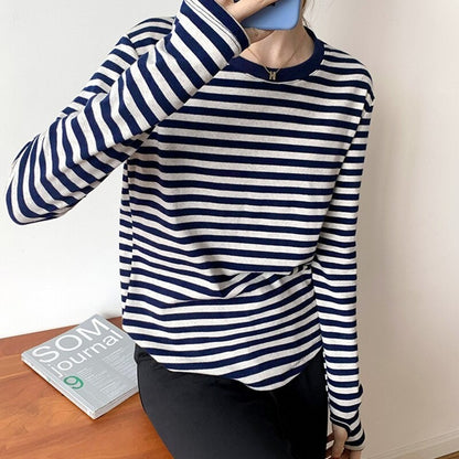 Casual Thick Stripes Knitted Cotton T-Shirts For Women