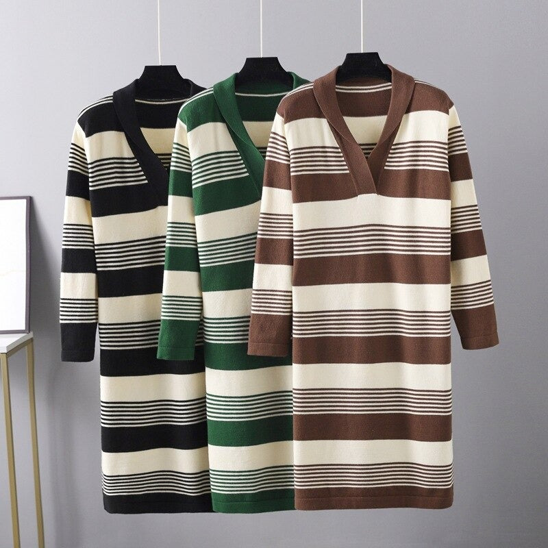 Knitted Stripe Long Sleeve Sweater Dress For Women