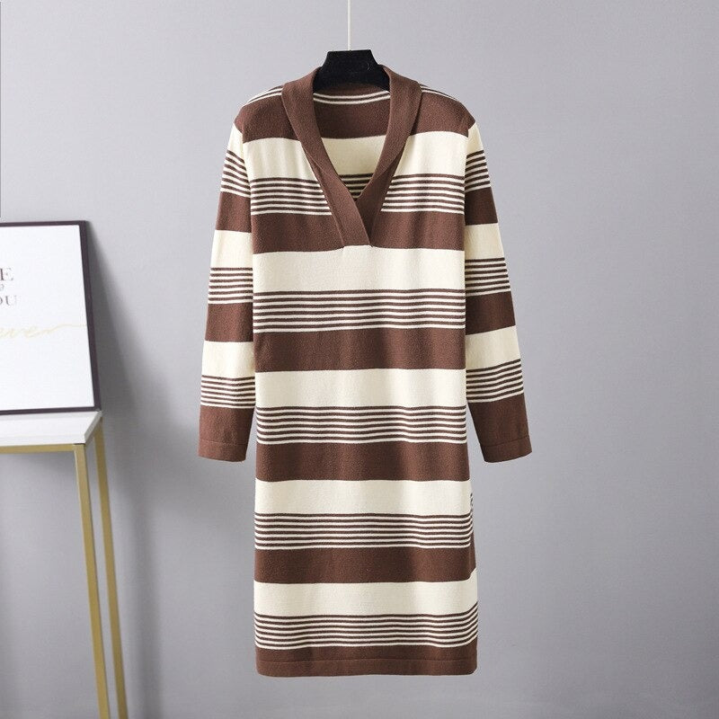 Knitted Stripe Long Sleeve Sweater Dress For Women Dark Brown One Size