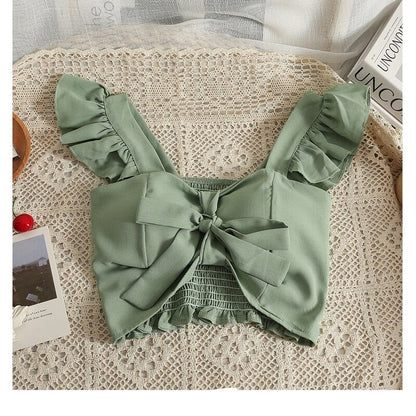 Bow Tie Lace-up Floral Print Camisole Tops For Women Green One Size