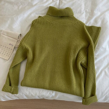 Turtleneck Long Knitted Casual Sweater Dress One Size Green