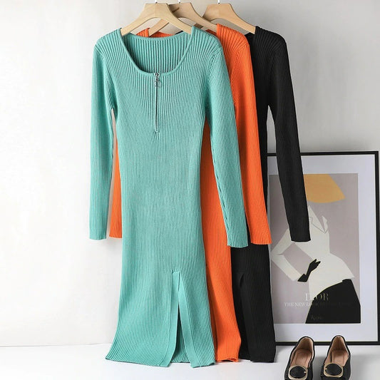 Slim Fit Knitted Long Sleeved Zipper Dress