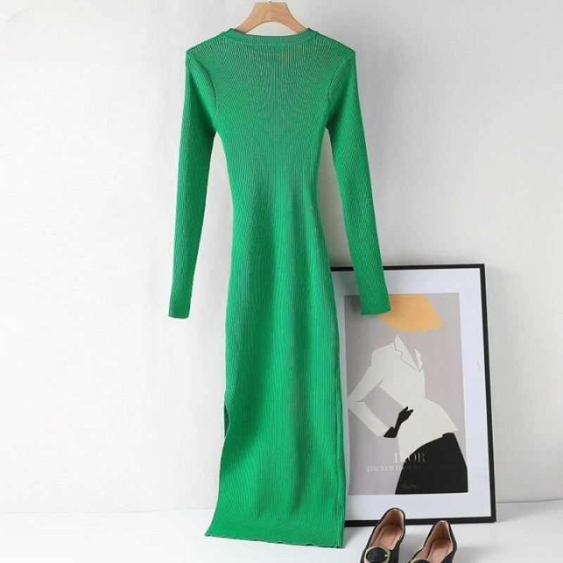 Hollow Out Knitted Long Sleeved Slim Dress