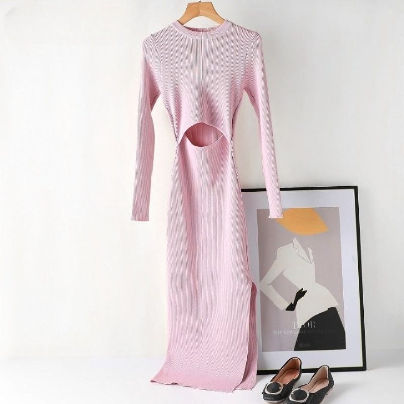 Hollow Out Knitted Long Sleeved Slim Dress Light Pink One Size