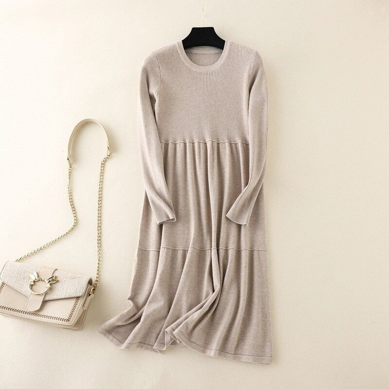 Loose A-Line Knitted Long Sweater Dress Khaki One Size