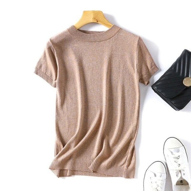 Shiny Knitted Slim O-Neck Sweater Shirt For Women Khaki One Size