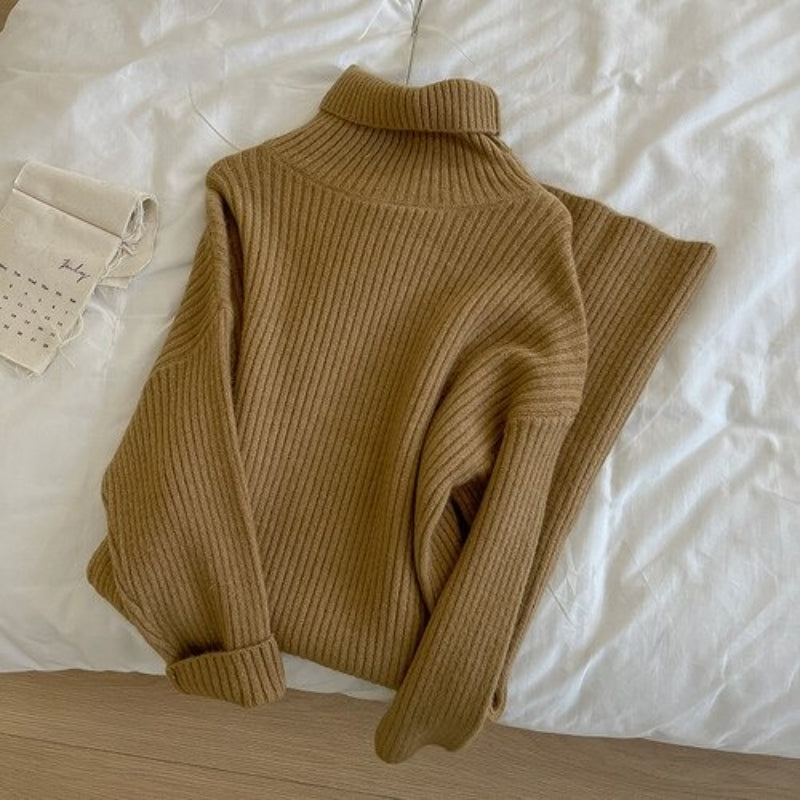 Turtleneck Long Knitted Casual Sweater Dress One Size Khaki