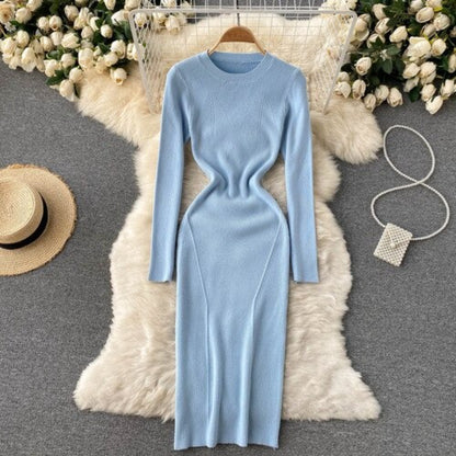 O-Neck Tight Stretch Knitted Slim Dress Sky Blue One Size